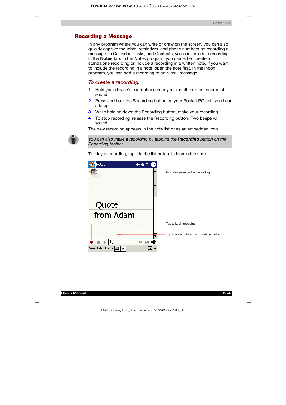 Recording a message | Toshiba Pocket PC e310 User Manual | Page 40 / 104
