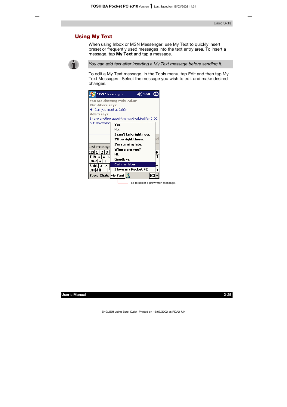 Using my text | Toshiba Pocket PC e310 User Manual | Page 41 / 104
