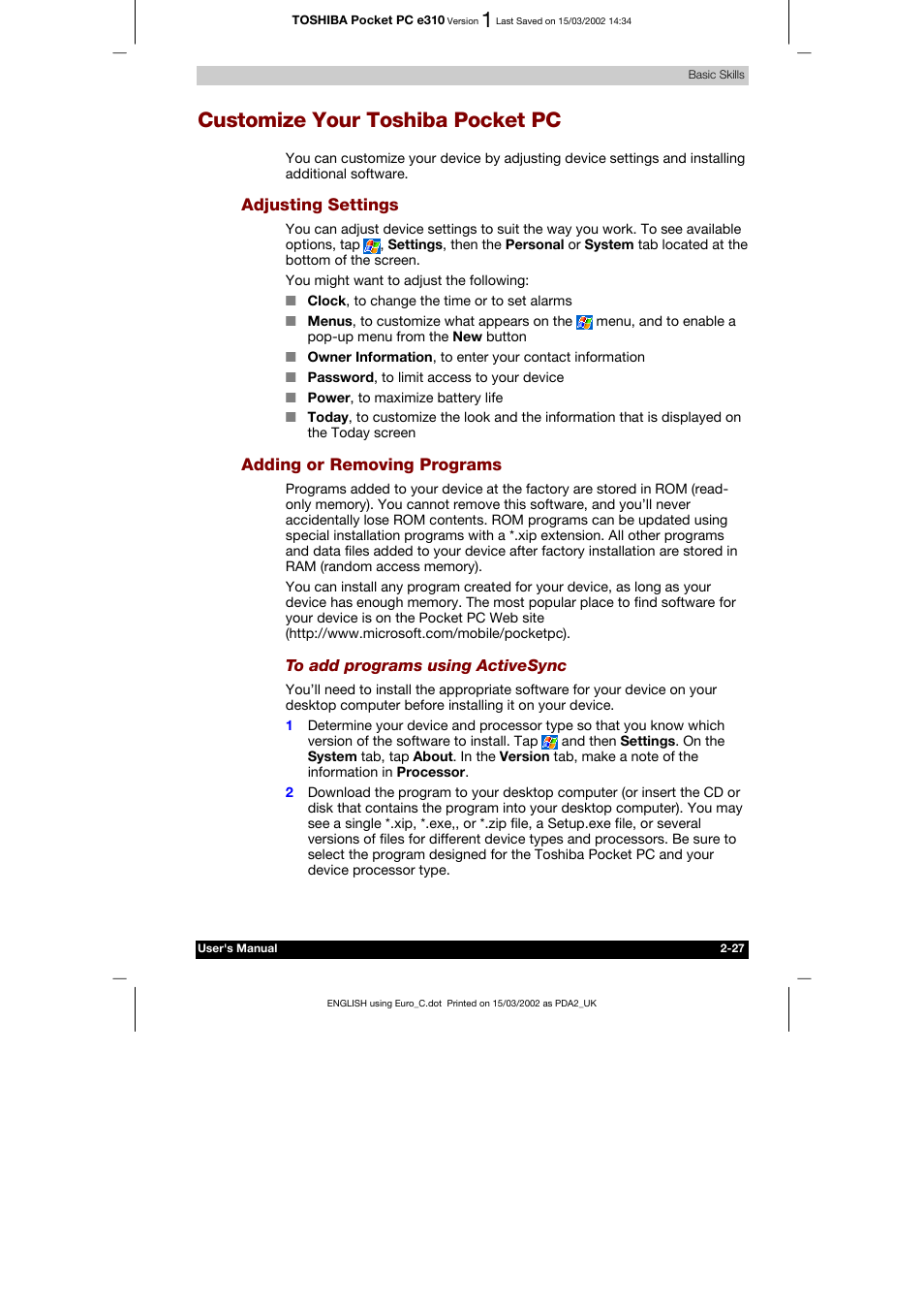 Customize your toshiba pocket pc, Adjusting settings, Adding or removing programs | Calendar: scheduling appointments and meetings -2 | Toshiba Pocket PC e310 User Manual | Page 43 / 104