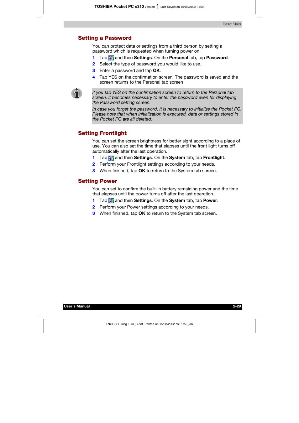 Setting a password, Setting frontlight, Setting power | Toshiba Pocket PC e310 User Manual | Page 45 / 104