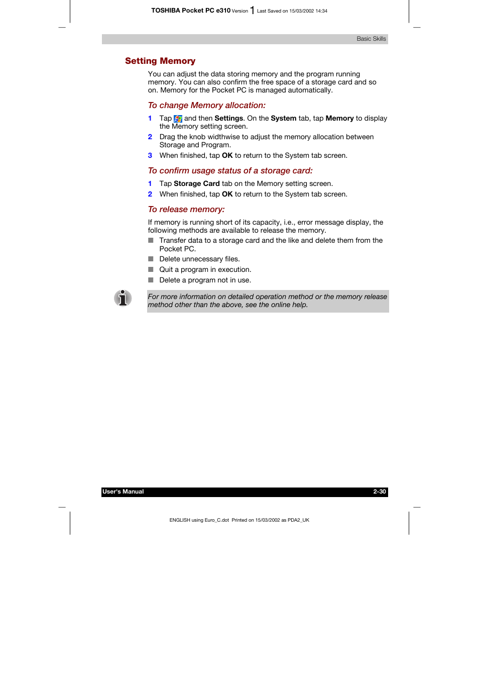 Setting memory | Toshiba Pocket PC e310 User Manual | Page 46 / 104