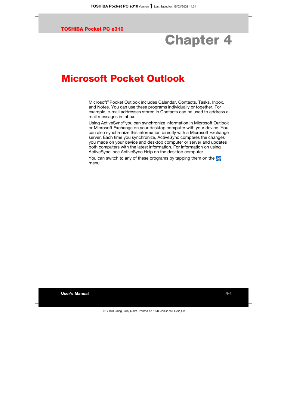 Chapter 4 microsoft pocket outlook, Capturing thoughts and ideas -11, Chapter 4 | Microsoft pocket outlook | Toshiba Pocket PC e310 User Manual | Page 49 / 104