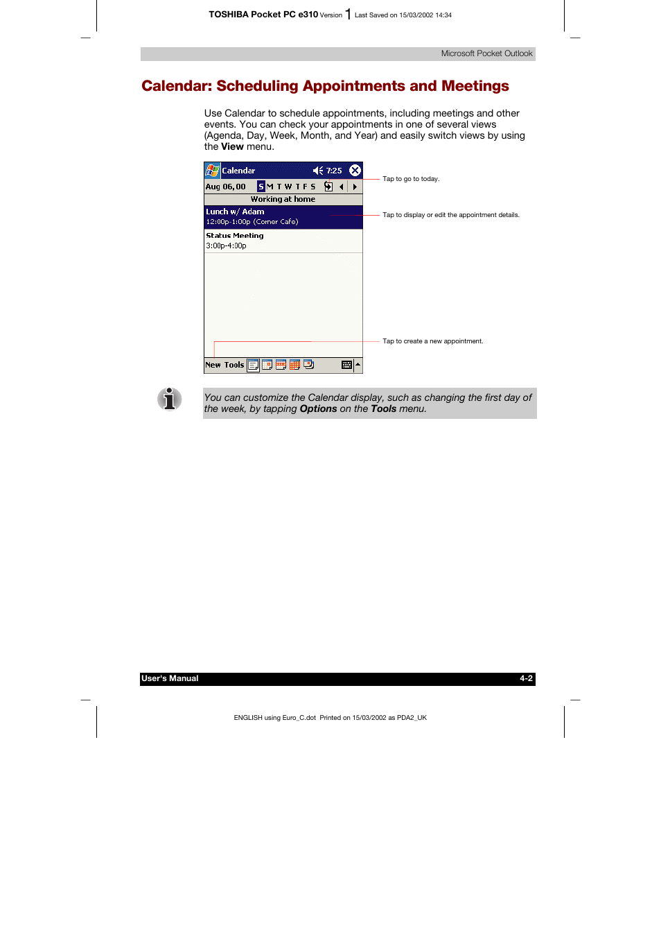 Calendar: scheduling appointments and meetings, Sending and receiving e-mail messages -12 | Toshiba Pocket PC e310 User Manual | Page 50 / 104