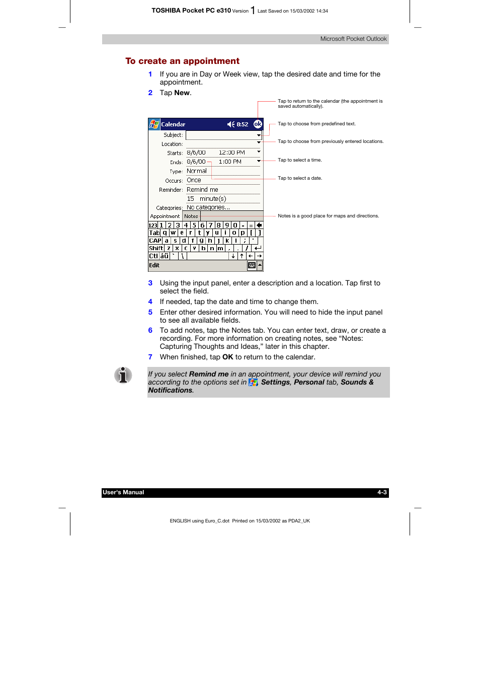 To create an appointment | Toshiba Pocket PC e310 User Manual | Page 51 / 104