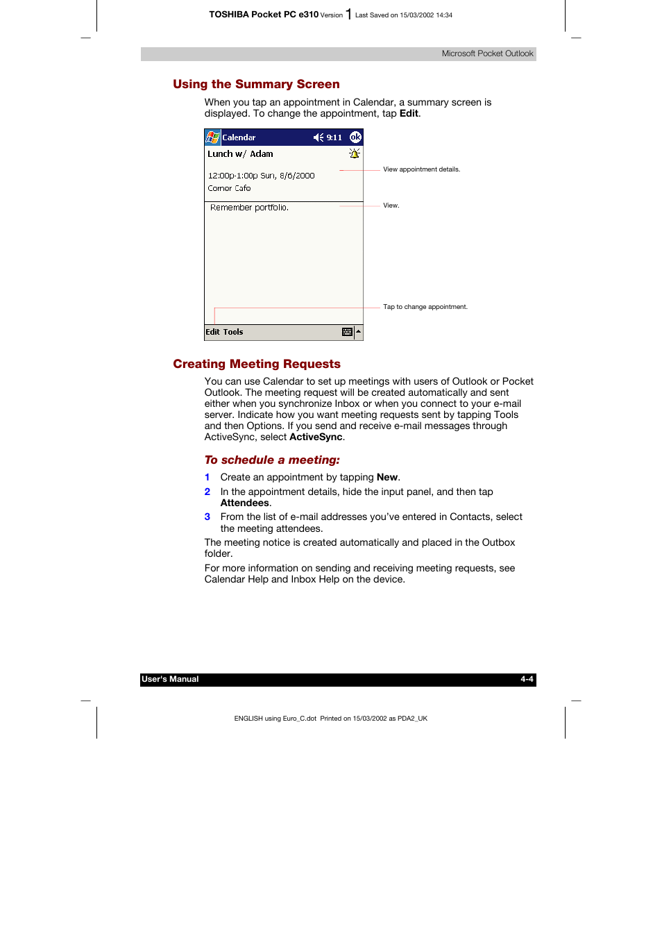 Using the summary screen, Creating meeting requests | Toshiba Pocket PC e310 User Manual | Page 52 / 104