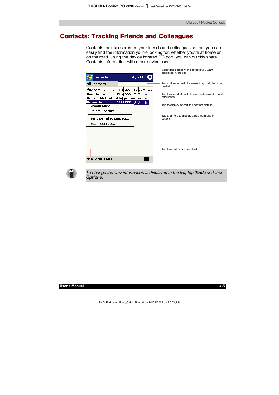 Contacts: tracking friends and colleagues | Toshiba Pocket PC e310 User Manual | Page 53 / 104