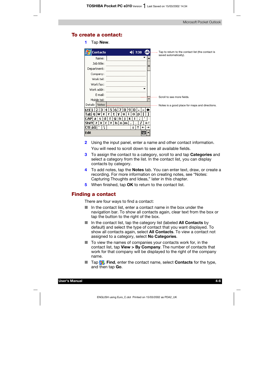 To create a contact, Finding a contact | Toshiba Pocket PC e310 User Manual | Page 54 / 104
