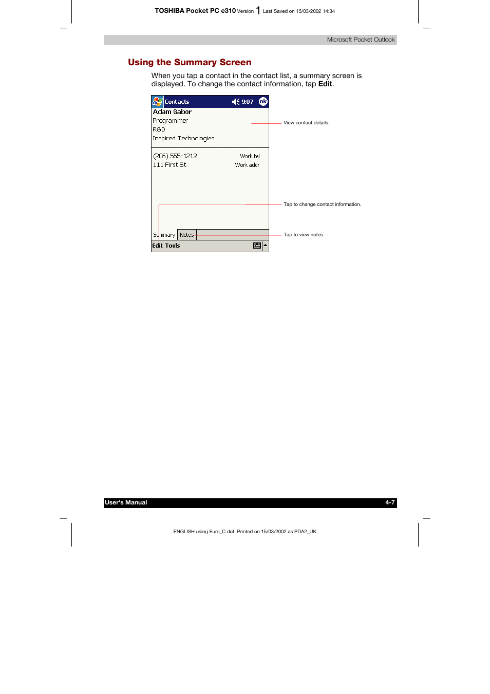 Using the summary screen | Toshiba Pocket PC e310 User Manual | Page 55 / 104