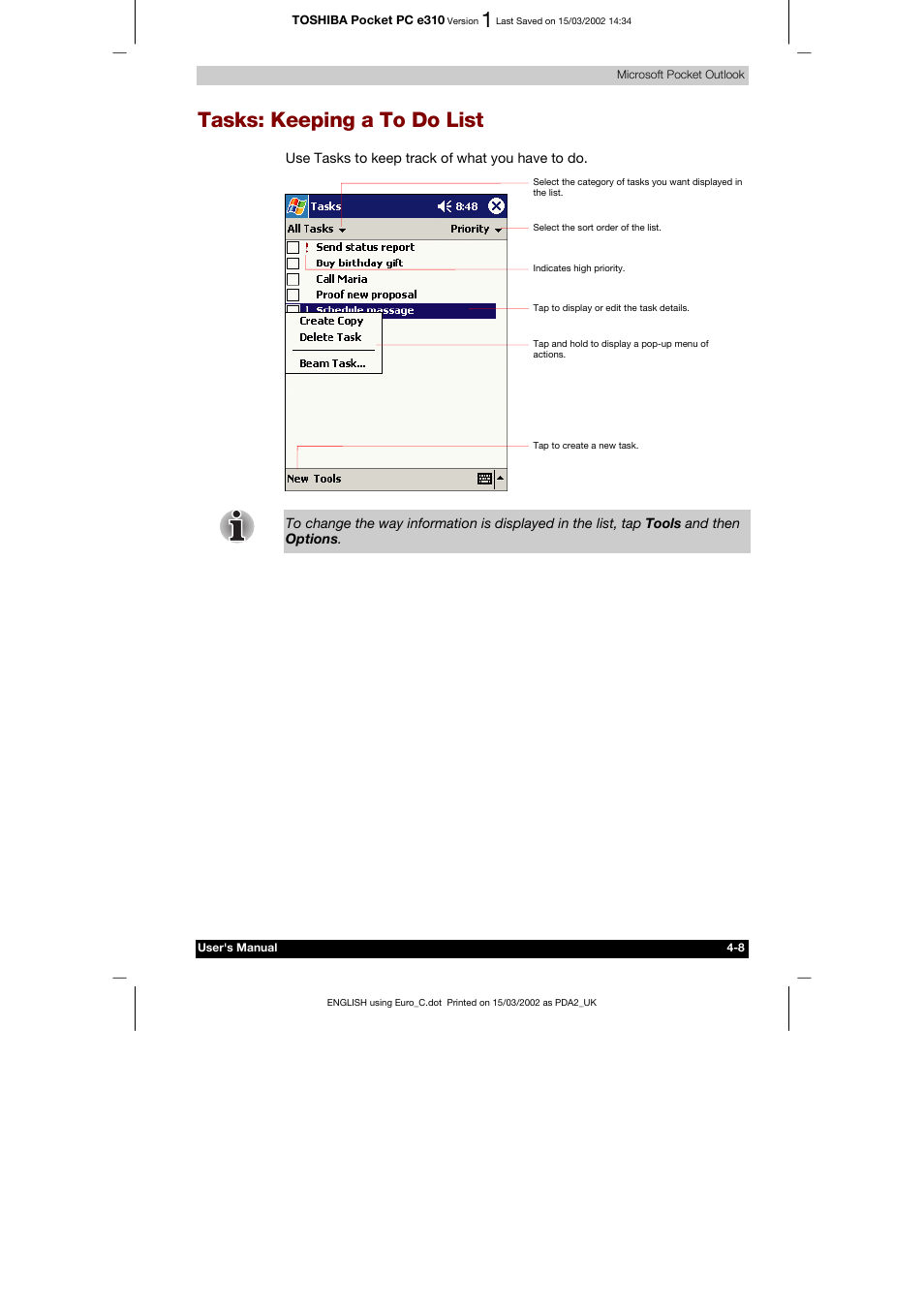 Tasks: keeping a to do list | Toshiba Pocket PC e310 User Manual | Page 56 / 104