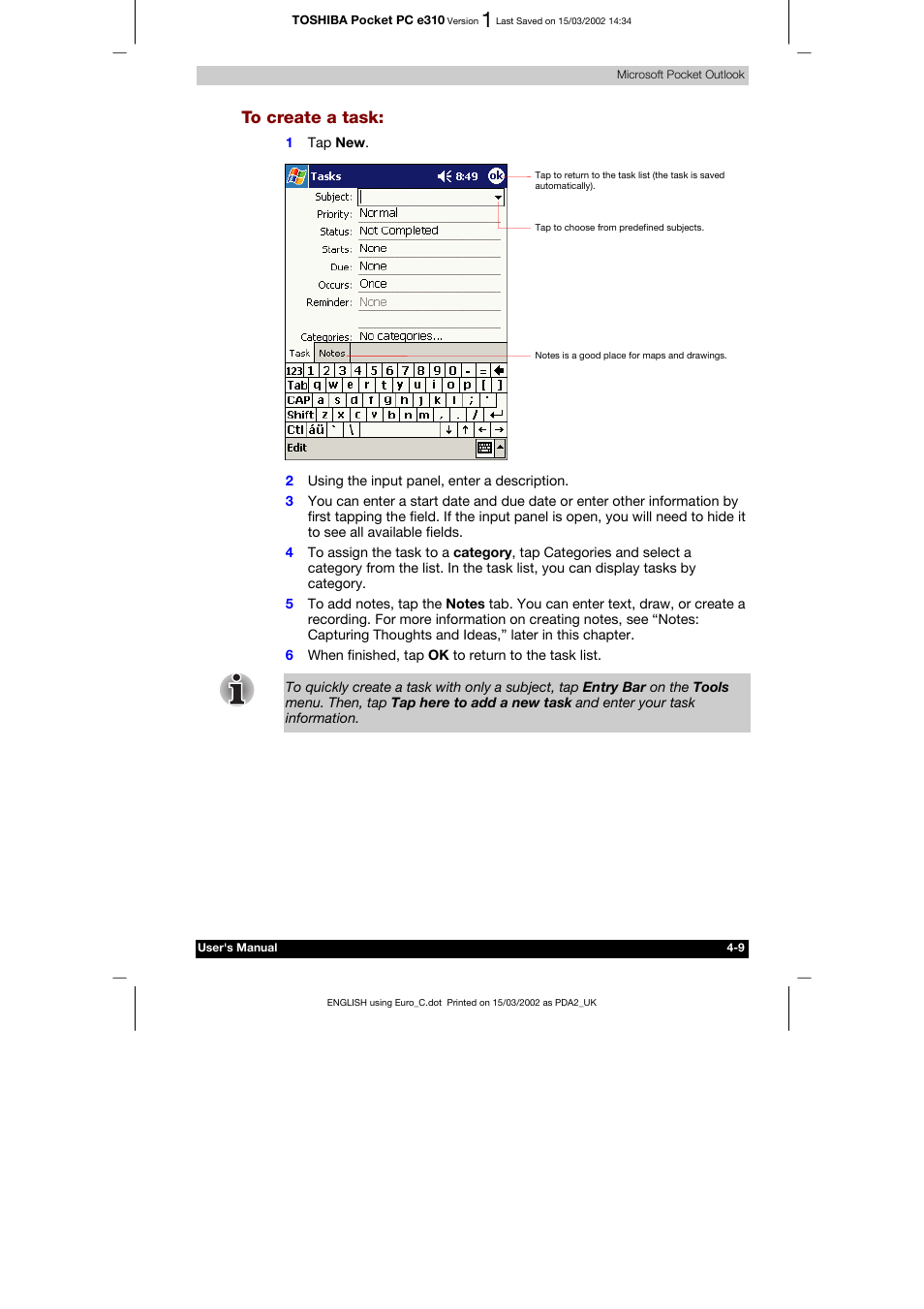 To create a task | Toshiba Pocket PC e310 User Manual | Page 57 / 104