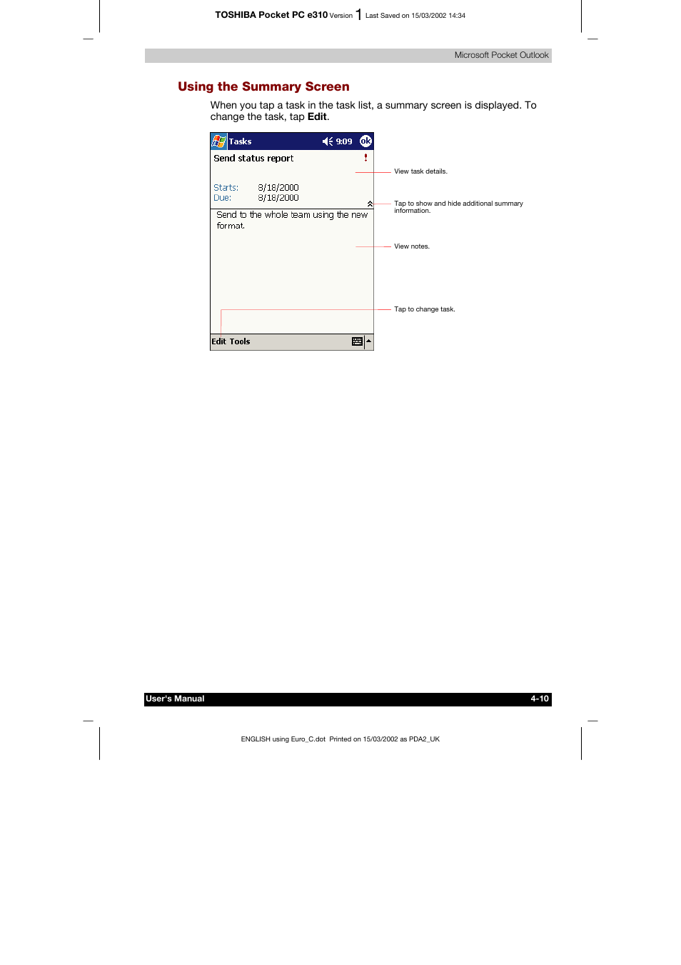 Using the summary screen | Toshiba Pocket PC e310 User Manual | Page 58 / 104