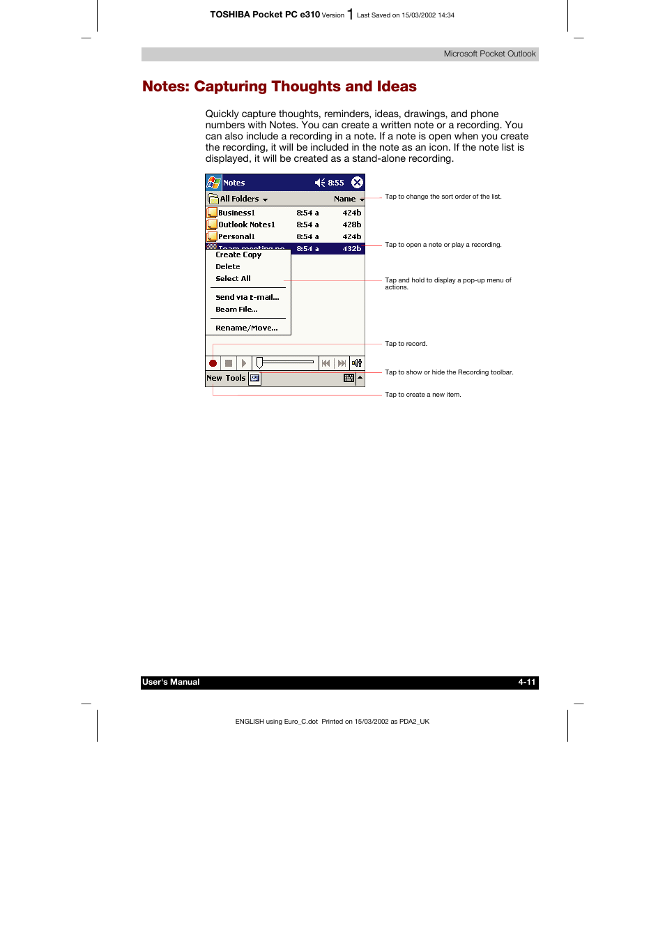 Notes: capturing thoughts and ideas | Toshiba Pocket PC e310 User Manual | Page 59 / 104