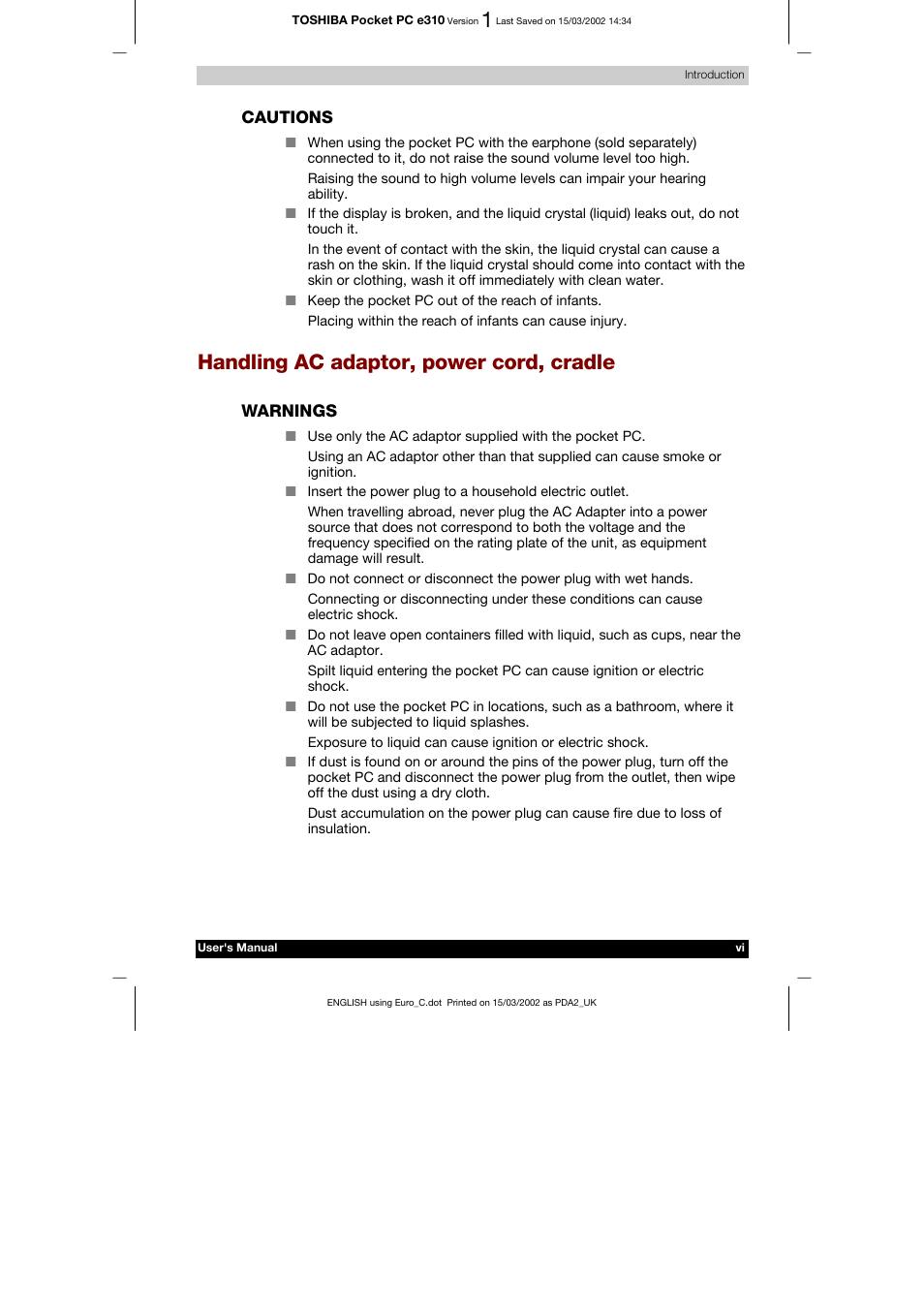 Handling ac adaptor, power cord, cradle | Toshiba Pocket PC e310 User Manual | Page 6 / 104