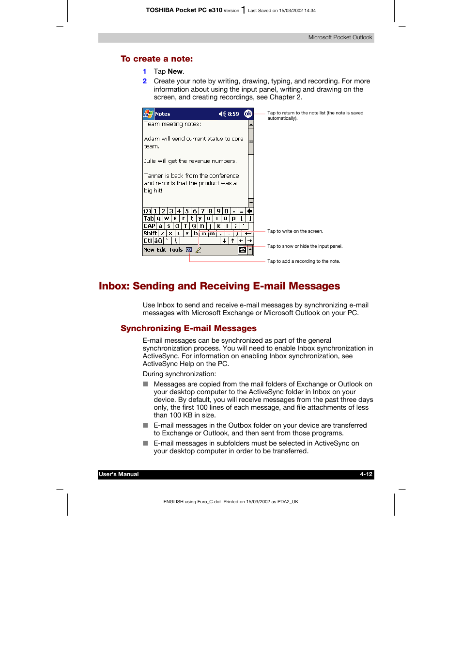 To create a note, Inbox: sending and receiving e-mail messages, Synchronizing e-mail messages | Toshiba Pocket PC e310 User Manual | Page 60 / 104