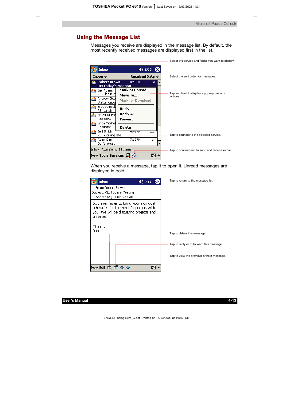 Using the message list | Toshiba Pocket PC e310 User Manual | Page 61 / 104