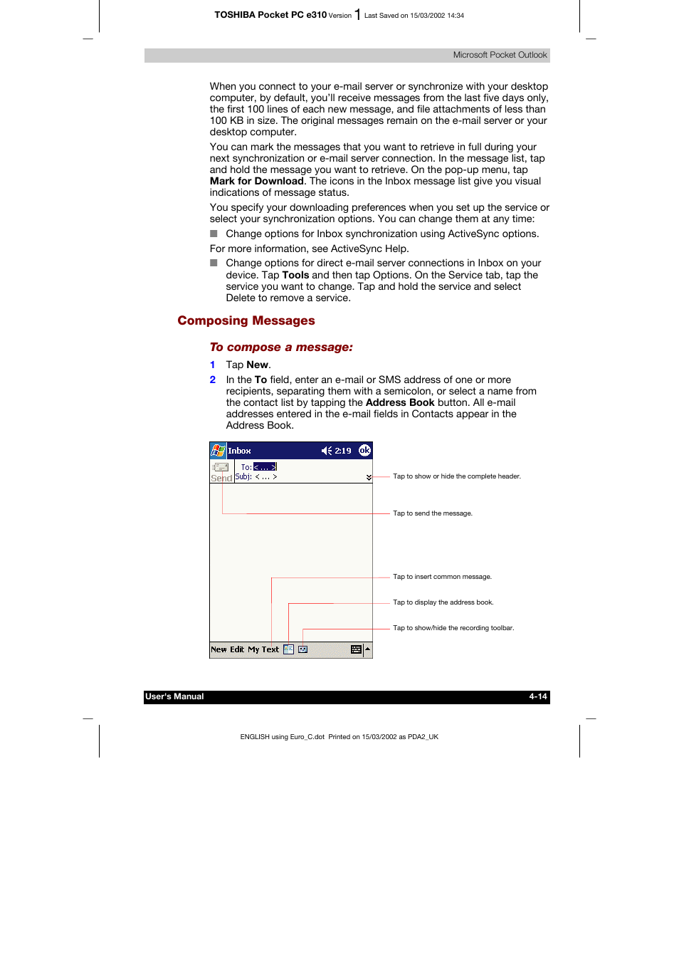Composing messages | Toshiba Pocket PC e310 User Manual | Page 62 / 104