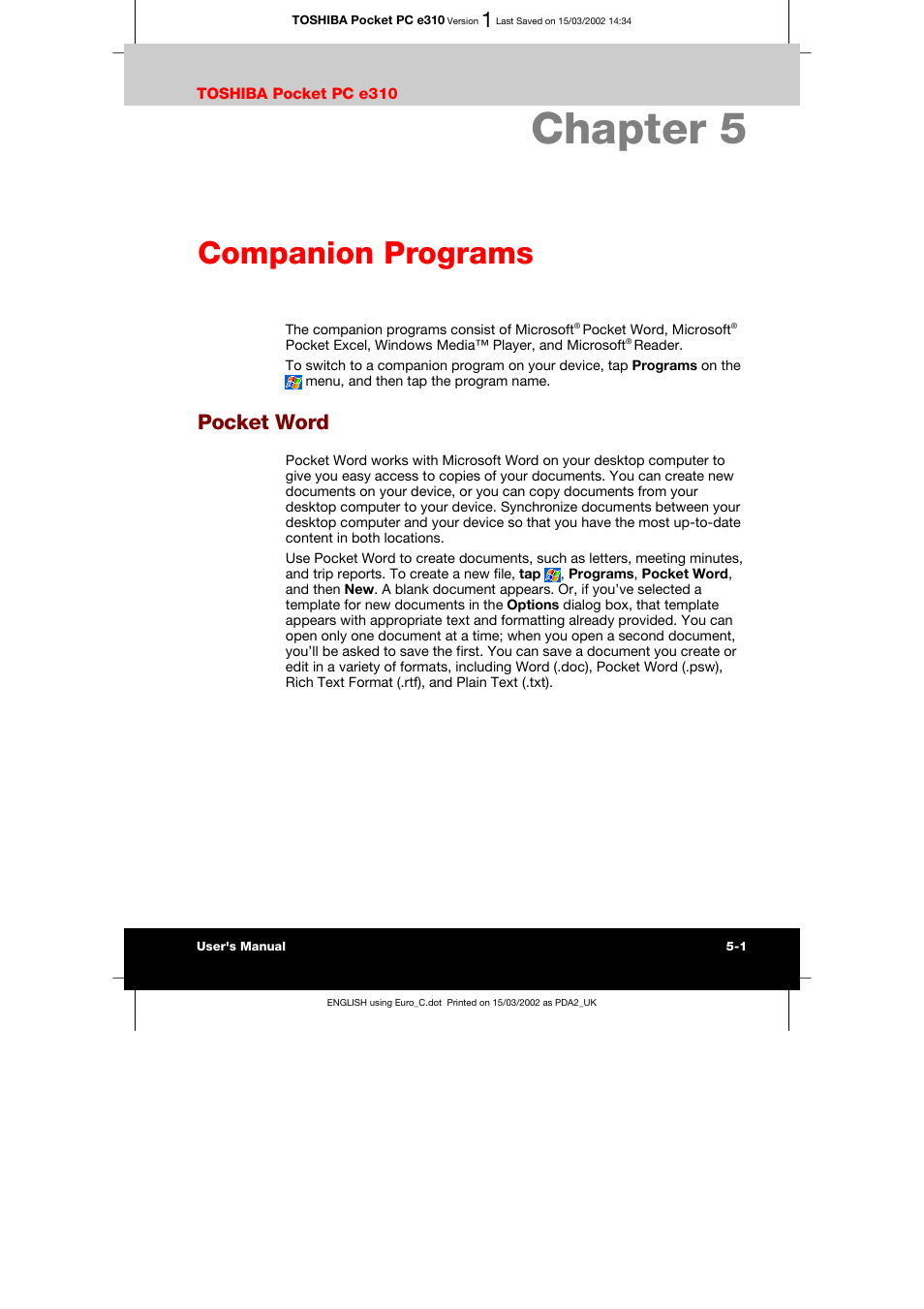 Chapter 5 companion programs, Pocket word, Ows media player -11 | Reader -12, Chapter 5, Companion programs | Toshiba Pocket PC e310 User Manual | Page 65 / 104