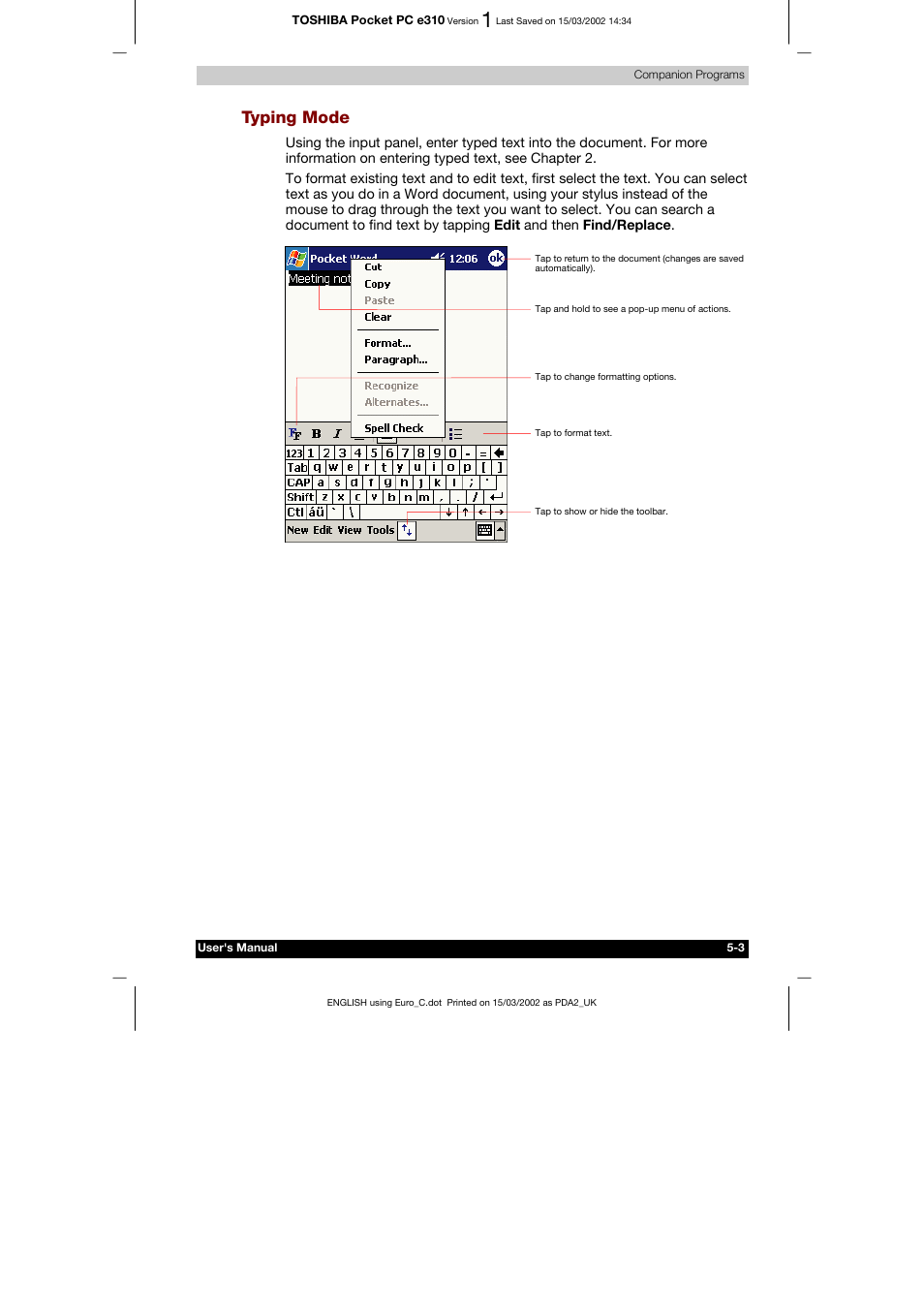 Typing mode | Toshiba Pocket PC e310 User Manual | Page 67 / 104