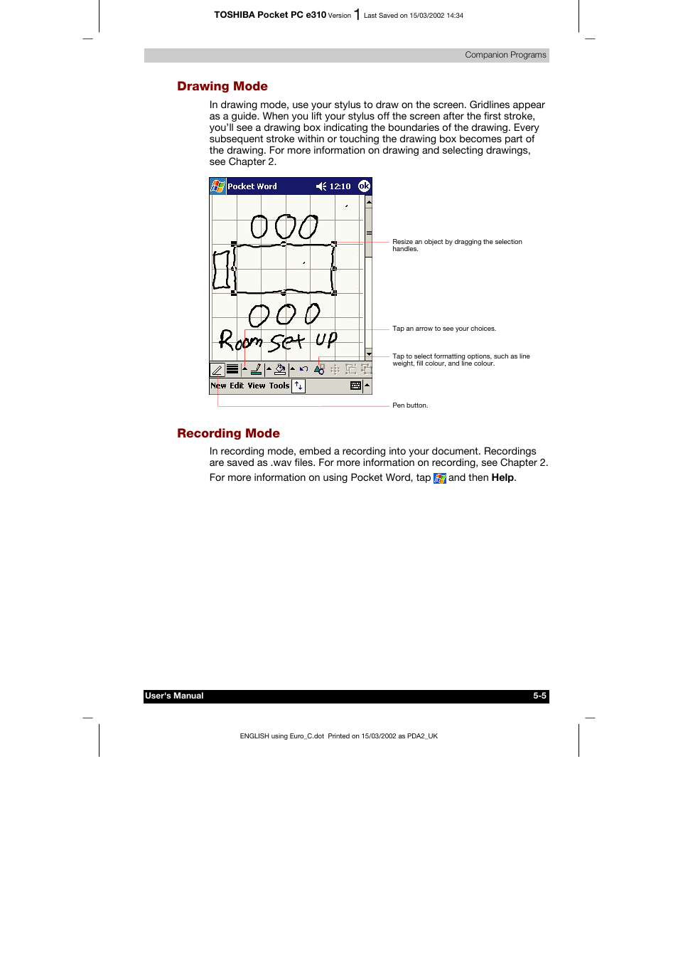Drawing mode, Recording mode | Toshiba Pocket PC e310 User Manual | Page 69 / 104