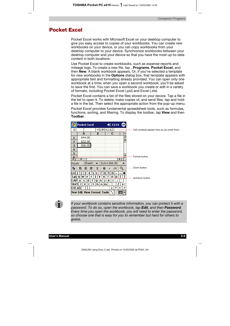 Pocket excel, Ter 6 pocket internet explorer | Toshiba Pocket PC e310 User Manual | Page 70 / 104