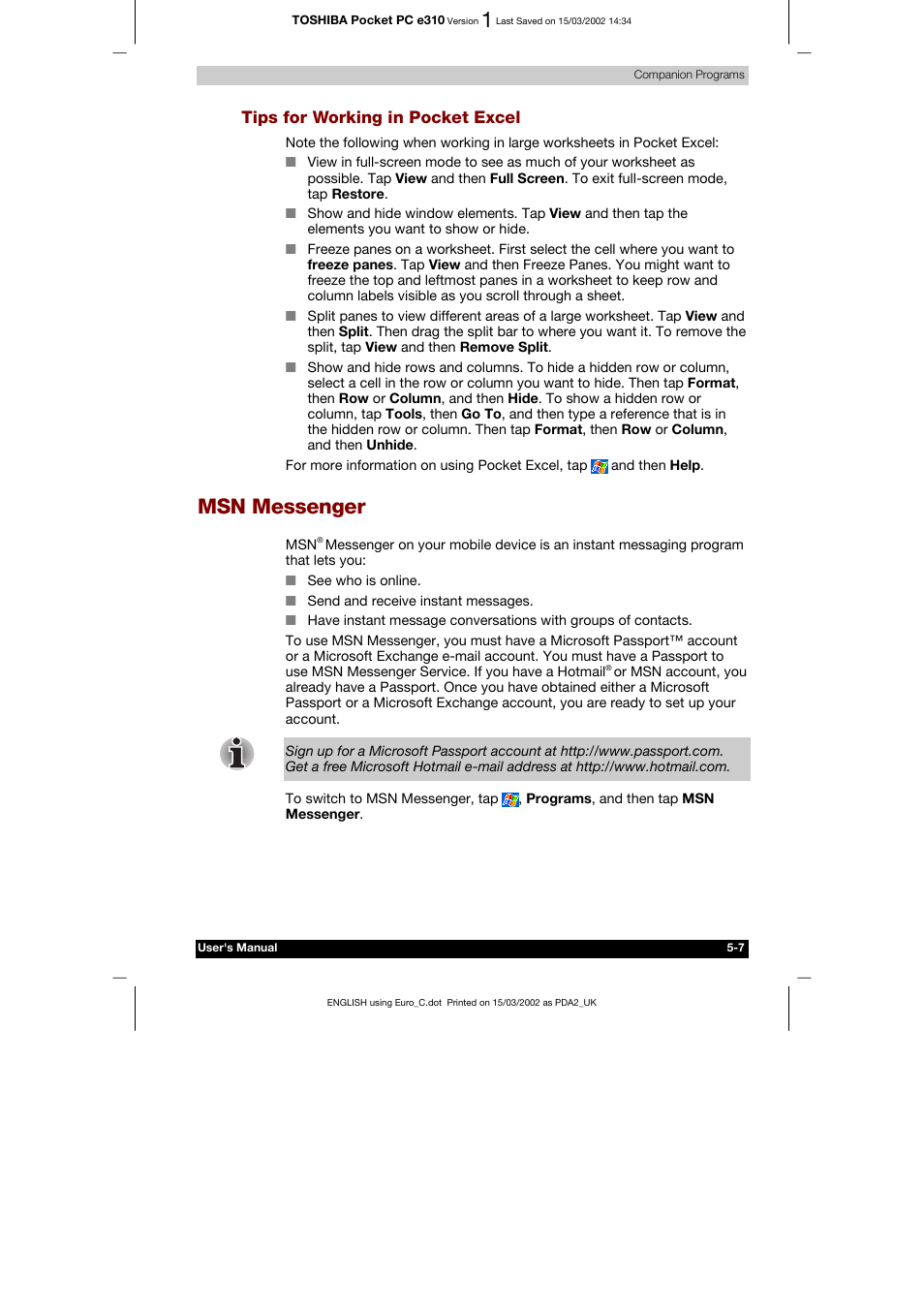 Tips for working in pocket excel, Msn messenger | Toshiba Pocket PC e310 User Manual | Page 71 / 104
