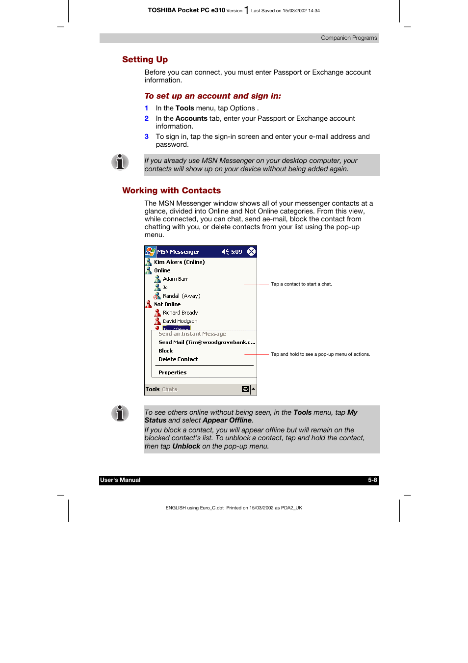 Setting up, Working with contacts | Toshiba Pocket PC e310 User Manual | Page 72 / 104