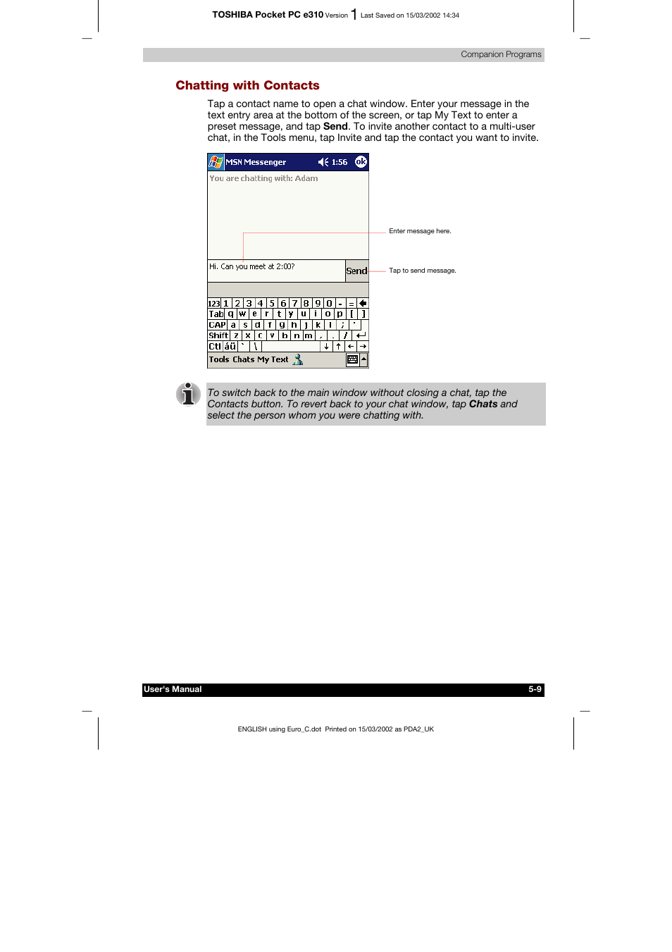 Chatting with contacts | Toshiba Pocket PC e310 User Manual | Page 73 / 104