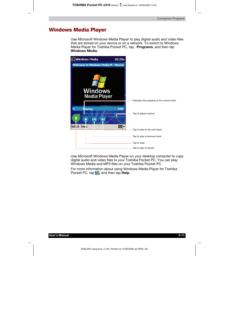 Windows media player | Toshiba Pocket PC e310 User Manual | Page 75 / 104