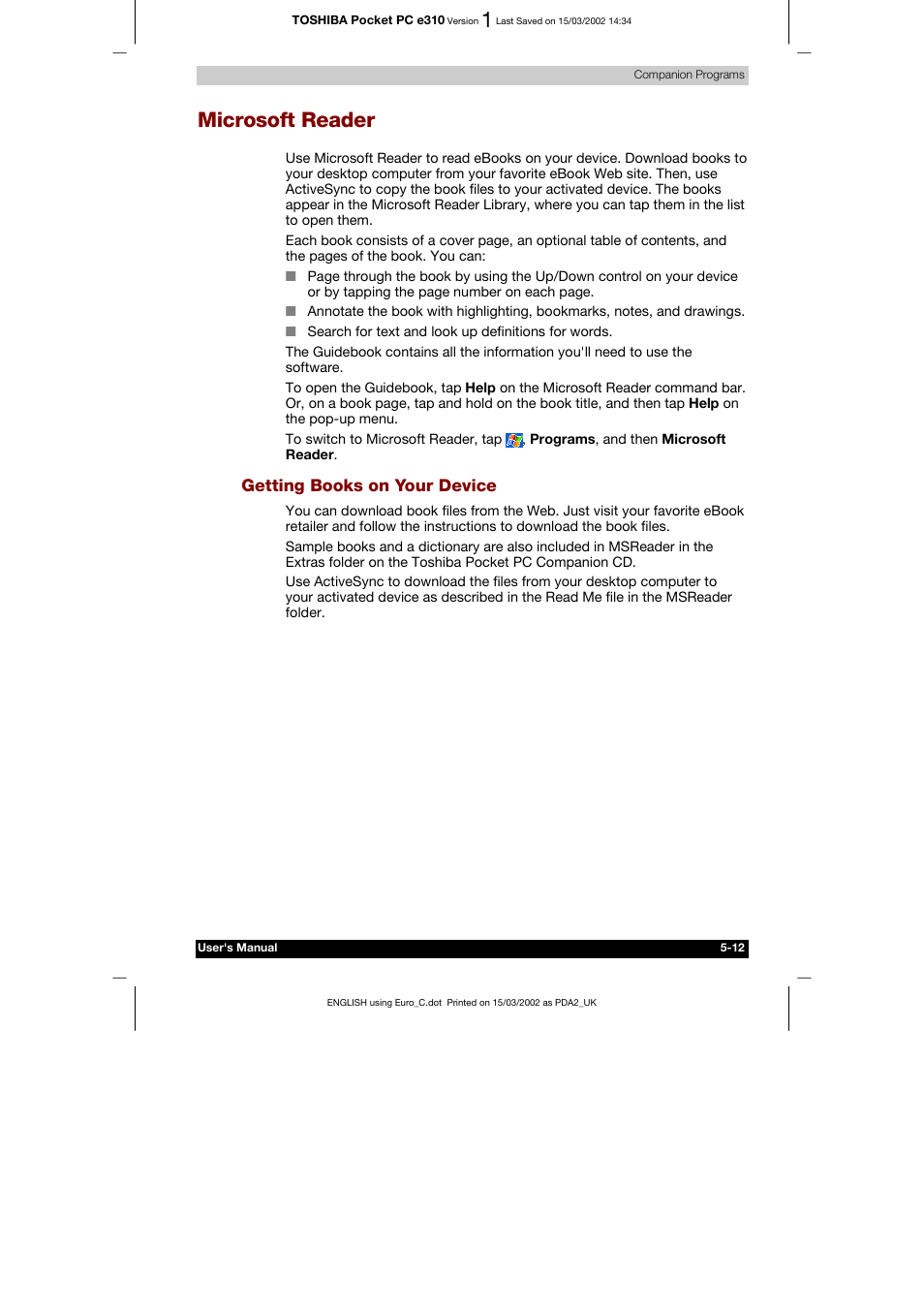 Microsoft reader, Getting books on your device | Toshiba Pocket PC e310 User Manual | Page 76 / 104