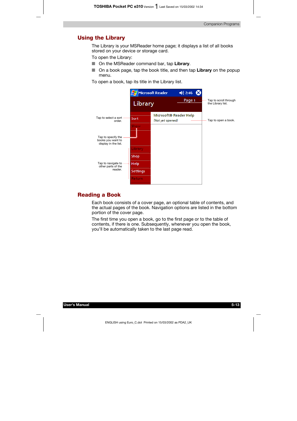 Using the library, Reading a book | Toshiba Pocket PC e310 User Manual | Page 77 / 104