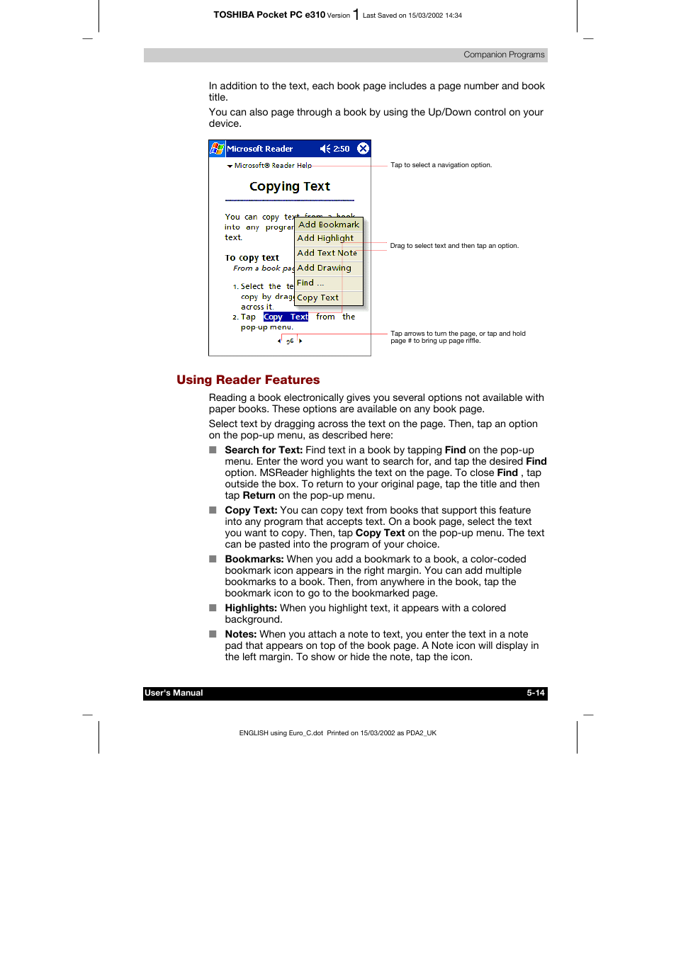 Using reader features | Toshiba Pocket PC e310 User Manual | Page 78 / 104