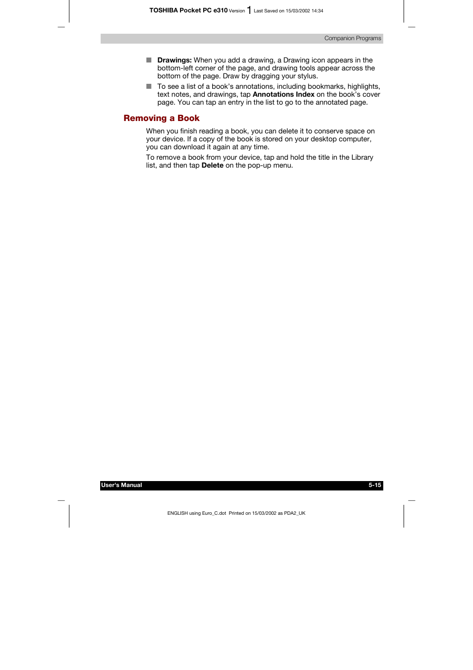 Removing a book | Toshiba Pocket PC e310 User Manual | Page 79 / 104