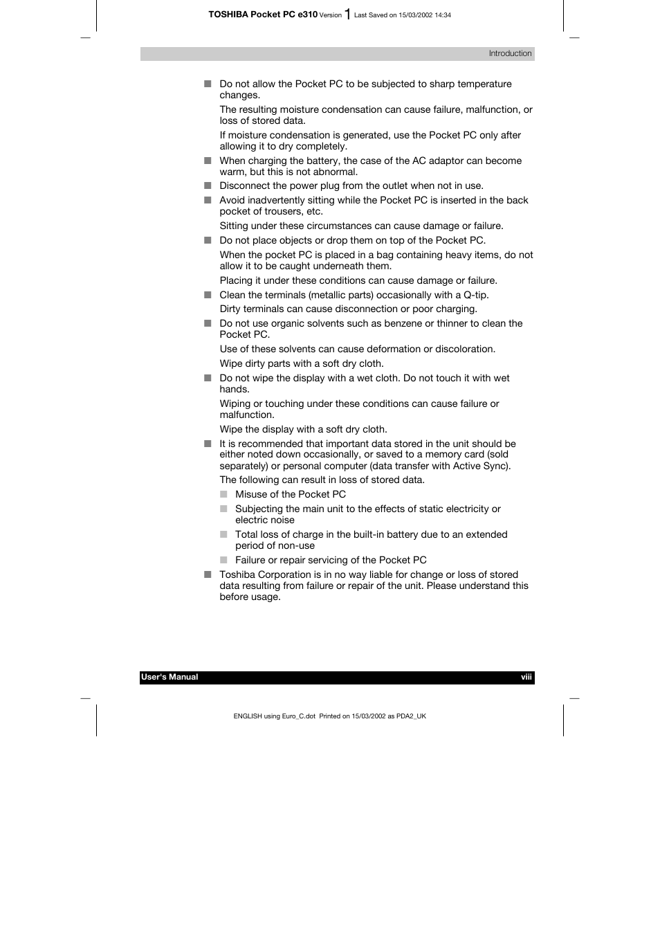 Toshiba Pocket PC e310 User Manual | Page 8 / 104