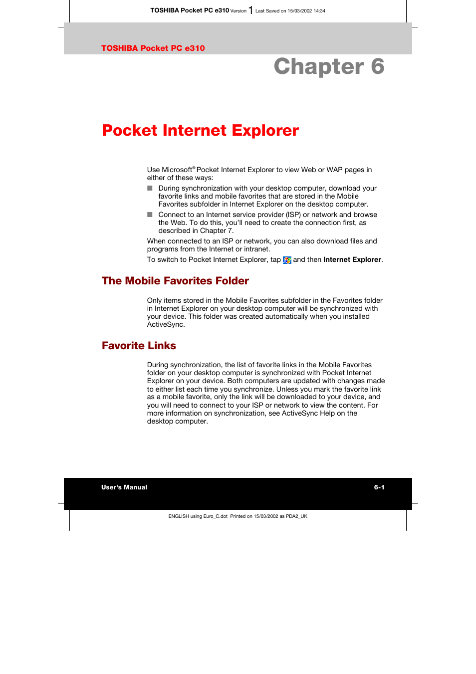 Chapter 6 pocket internet explorer, The mobile favorites folder, Favorite links | Using avantgo channels -3, Cket internet explorer -3, Ter 7 getting connected, Chapter 6, Pocket internet explorer | Toshiba Pocket PC e310 User Manual | Page 80 / 104