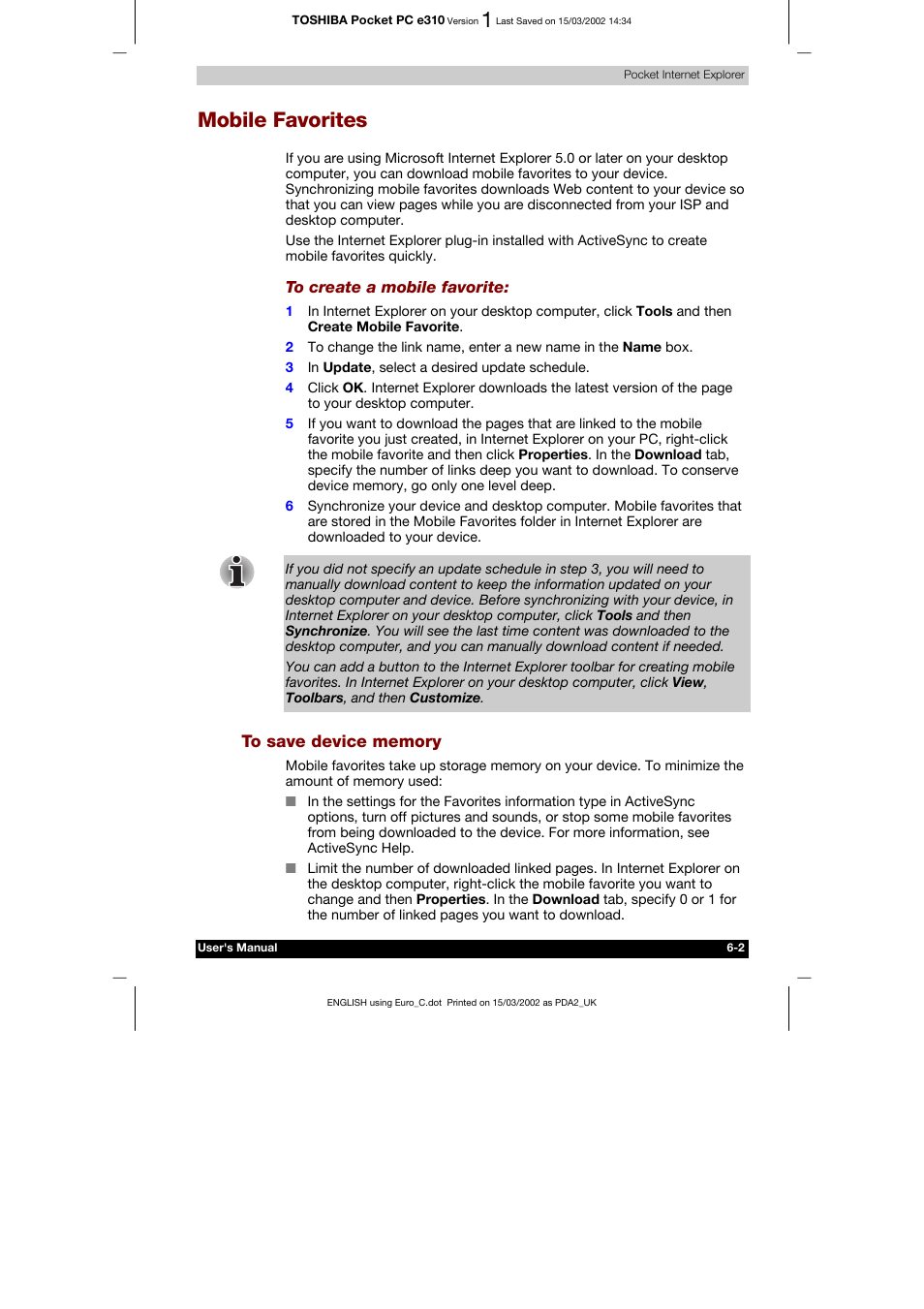 Mobile favorites, To save device memory | Toshiba Pocket PC e310 User Manual | Page 81 / 104