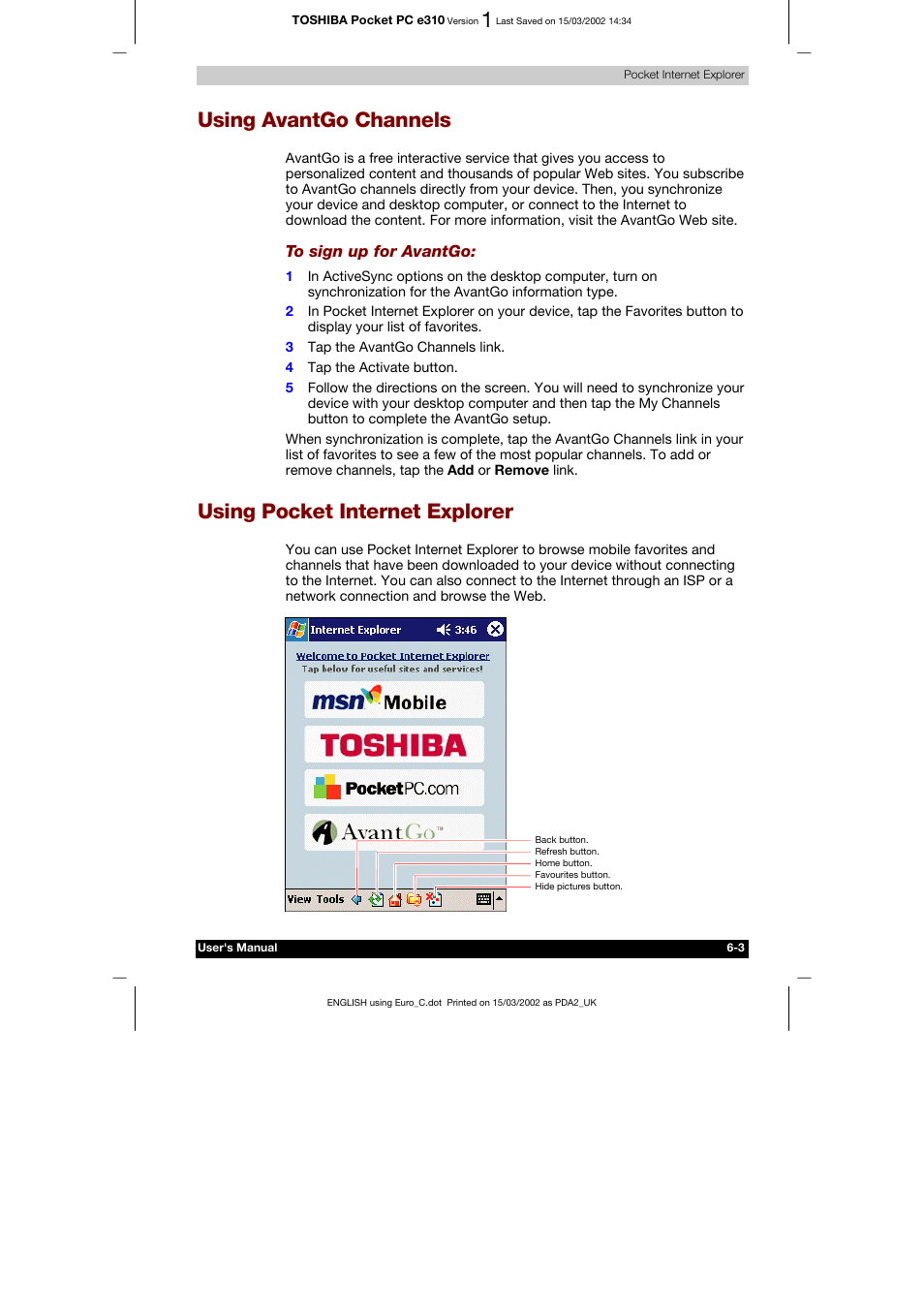 Using avantgo channels, Using pocket internet explorer | Toshiba Pocket PC e310 User Manual | Page 82 / 104