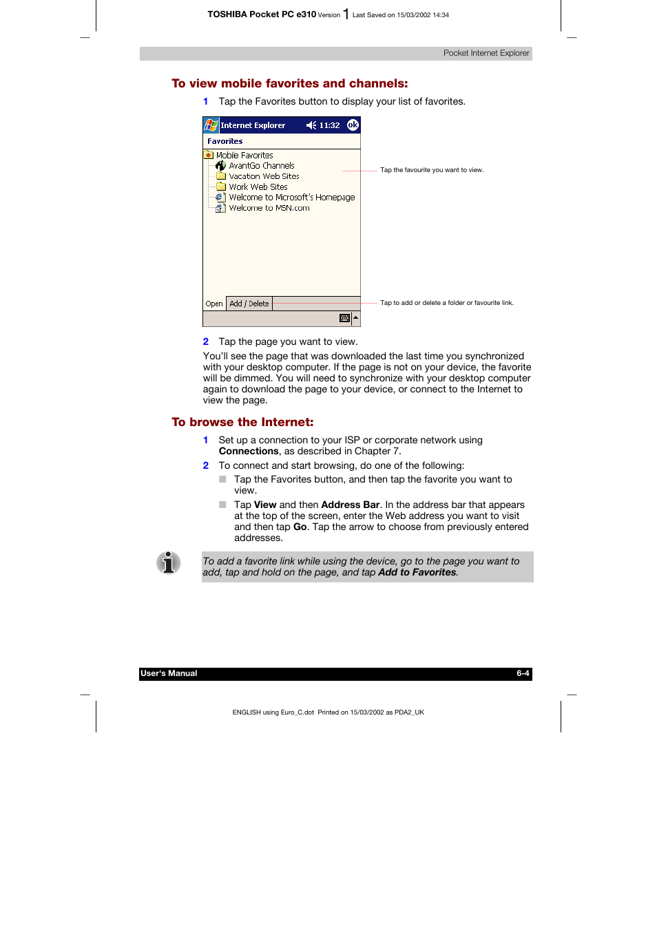 To view mobile favorites and channels, To browse the internet | Toshiba Pocket PC e310 User Manual | Page 83 / 104