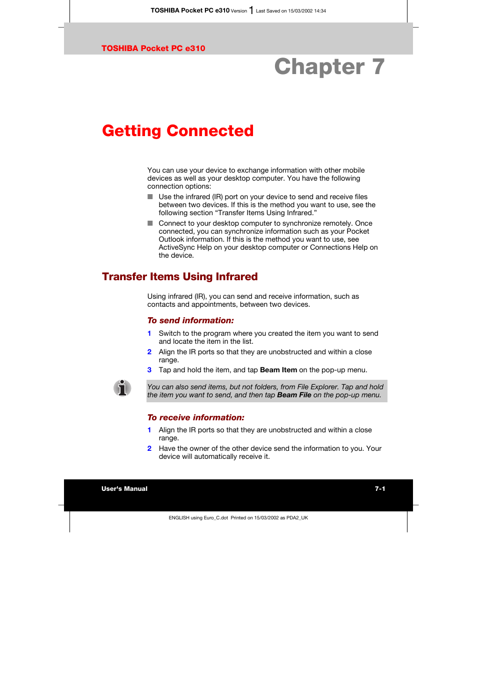 Chapter 7 getting connected, Transfer items using infrared, Chapter 7 | Getting connected | Toshiba Pocket PC e310 User Manual | Page 84 / 104