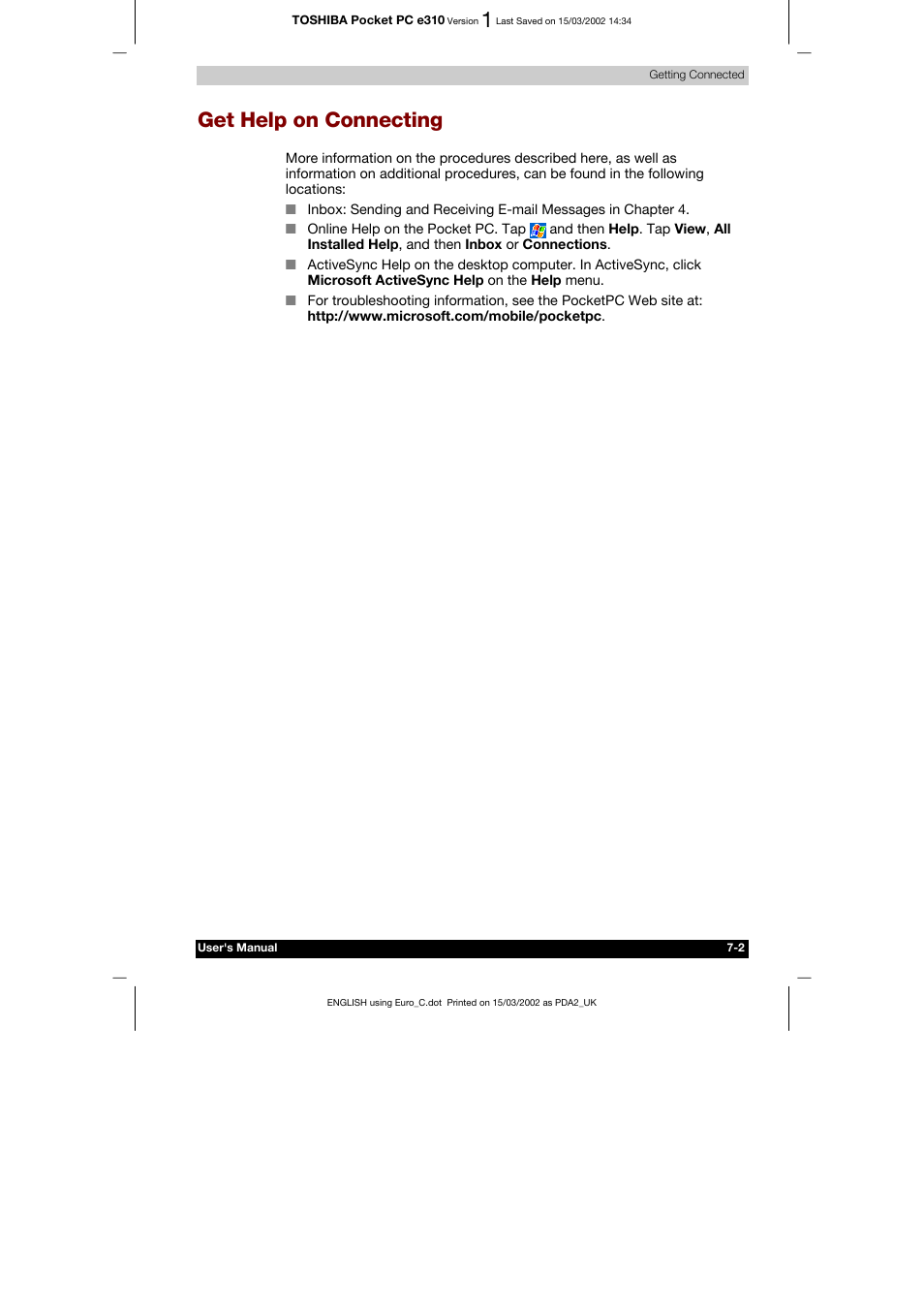 Get help on connecting | Toshiba Pocket PC e310 User Manual | Page 85 / 104