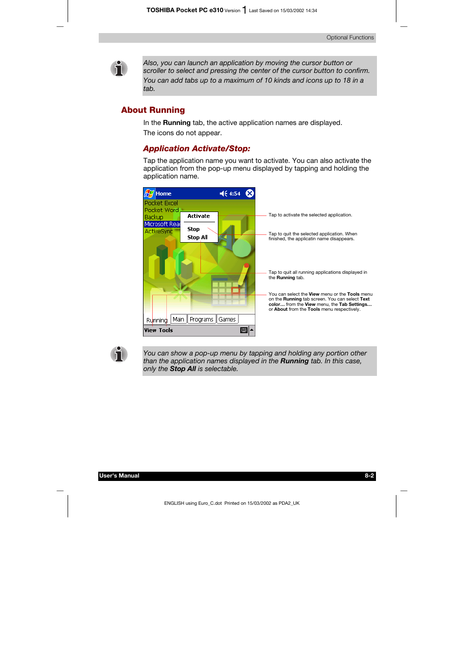About running, Application activate/stop | Toshiba Pocket PC e310 User Manual | Page 87 / 104