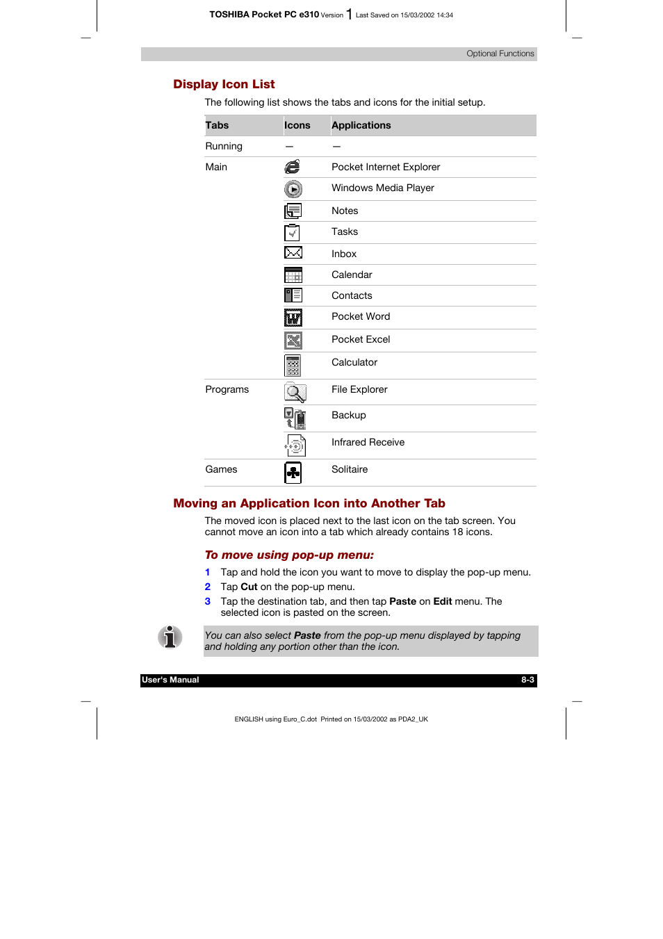 Display icon list, Moving an application icon into another tab | Toshiba Pocket PC e310 User Manual | Page 88 / 104