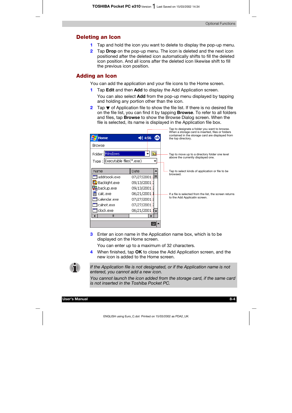 Deleting an icon, Adding an icon | Toshiba Pocket PC e310 User Manual | Page 89 / 104
