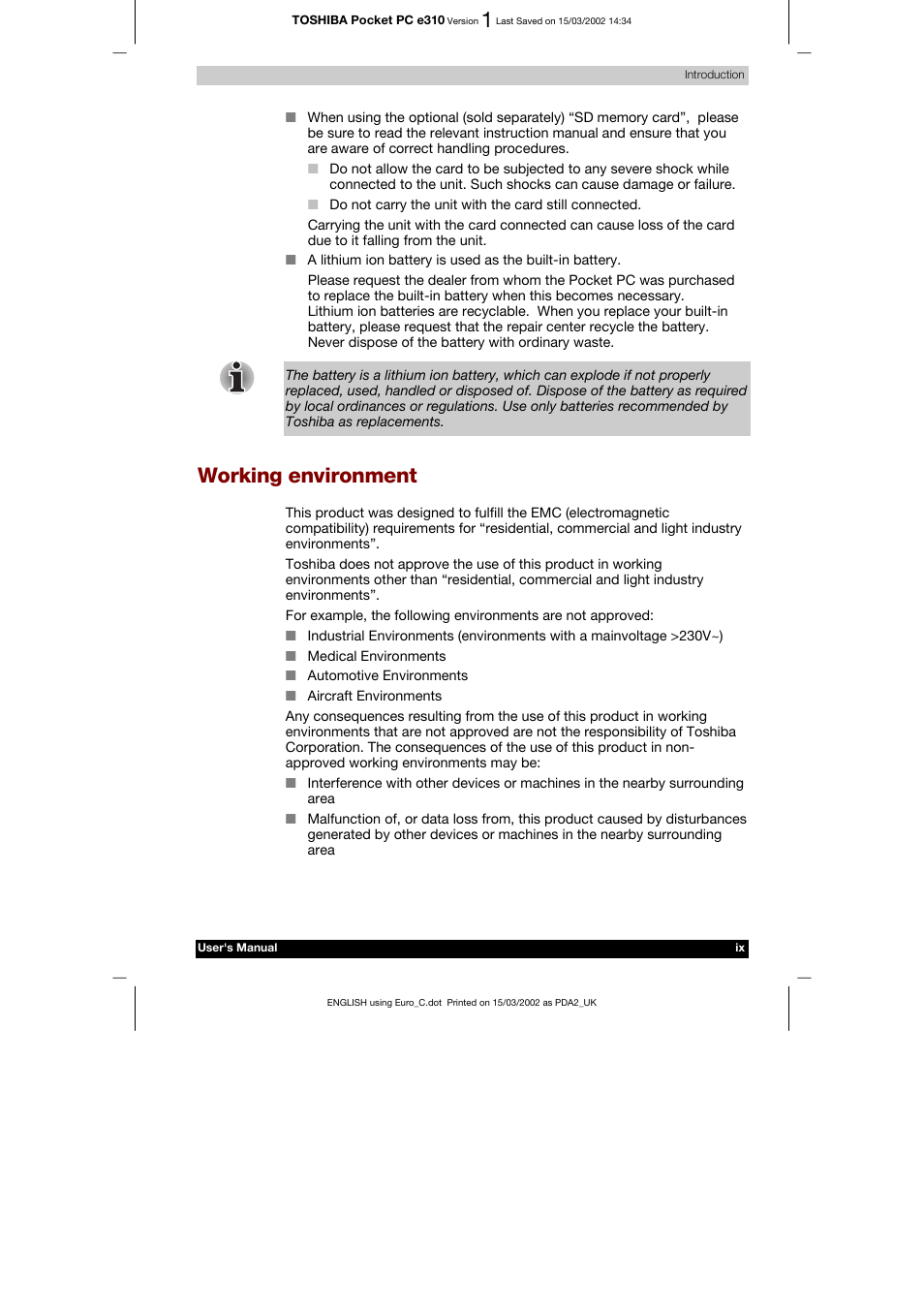 Working environment | Toshiba Pocket PC e310 User Manual | Page 9 / 104
