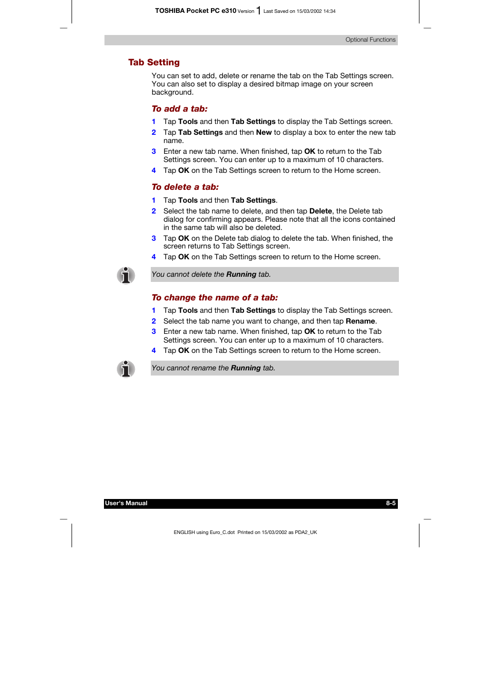 Tab setting | Toshiba Pocket PC e310 User Manual | Page 90 / 104