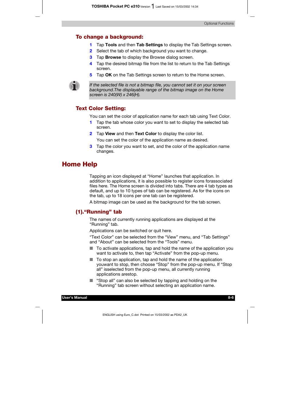 To change a background, Text color setting, Home help | 1\).“running” tab, Ter 9 additional information | Toshiba Pocket PC e310 User Manual | Page 91 / 104