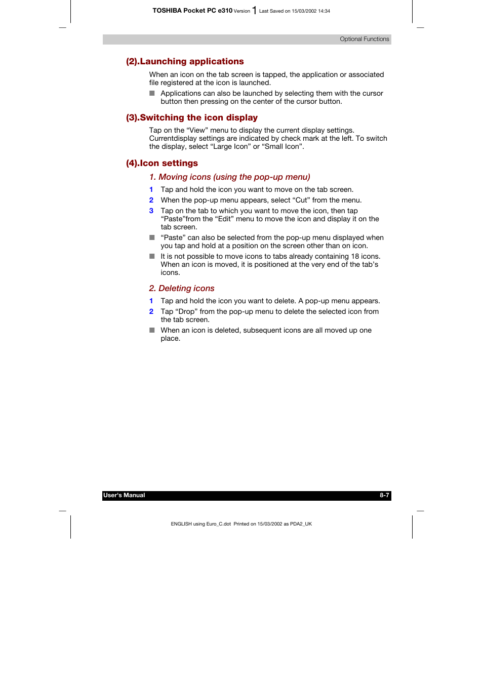 2).launching applications, 3).switching the icon display, 4).icon settings | Toshiba Pocket PC e310 User Manual | Page 92 / 104