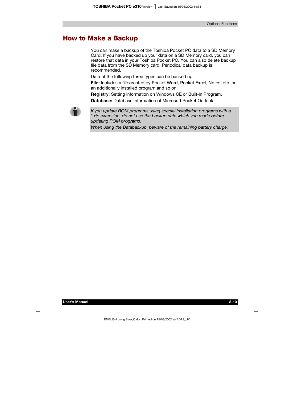 How to make a backup | Toshiba Pocket PC e310 User Manual | Page 95 / 104