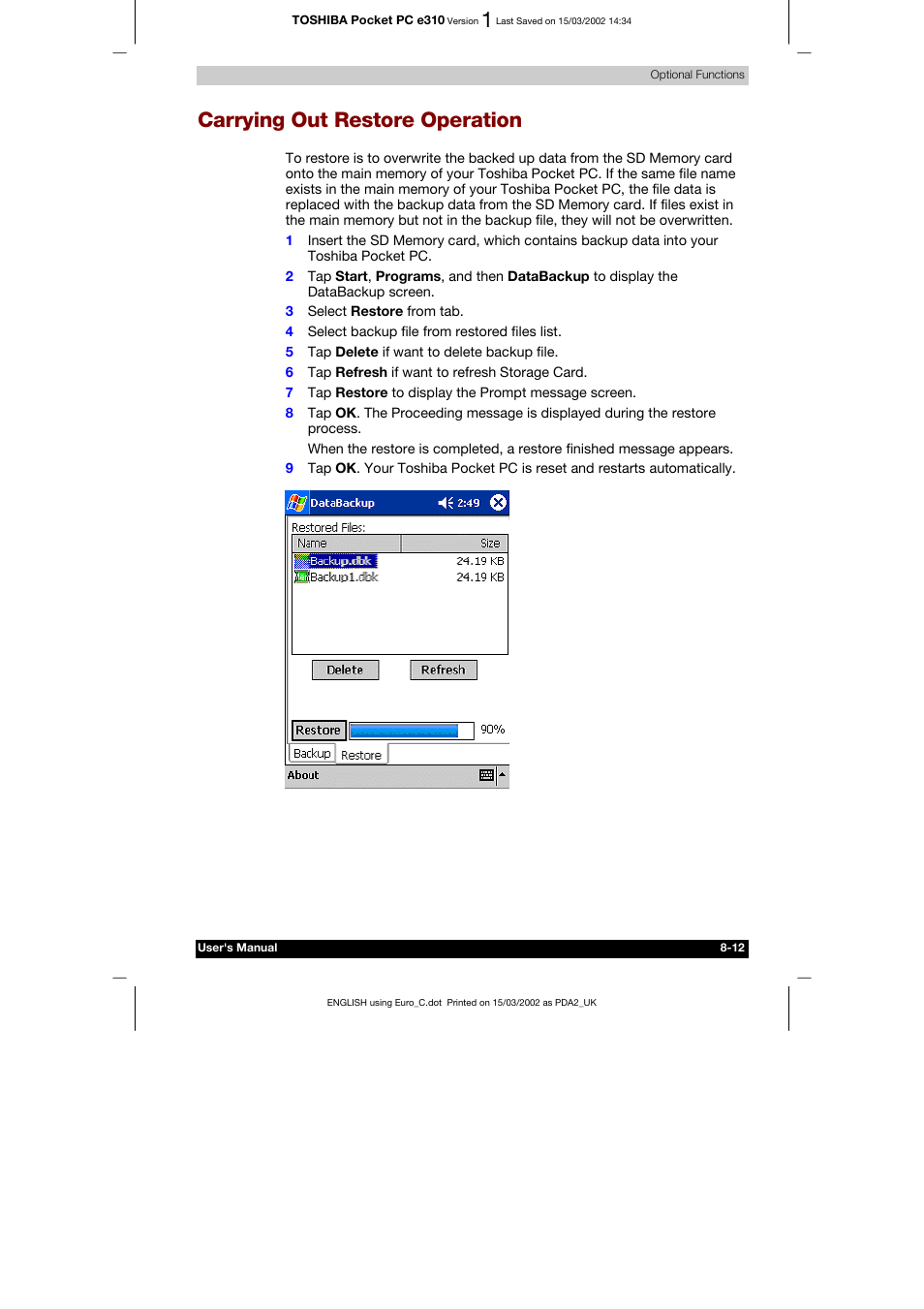 Carrying out restore operation | Toshiba Pocket PC e310 User Manual | Page 97 / 104