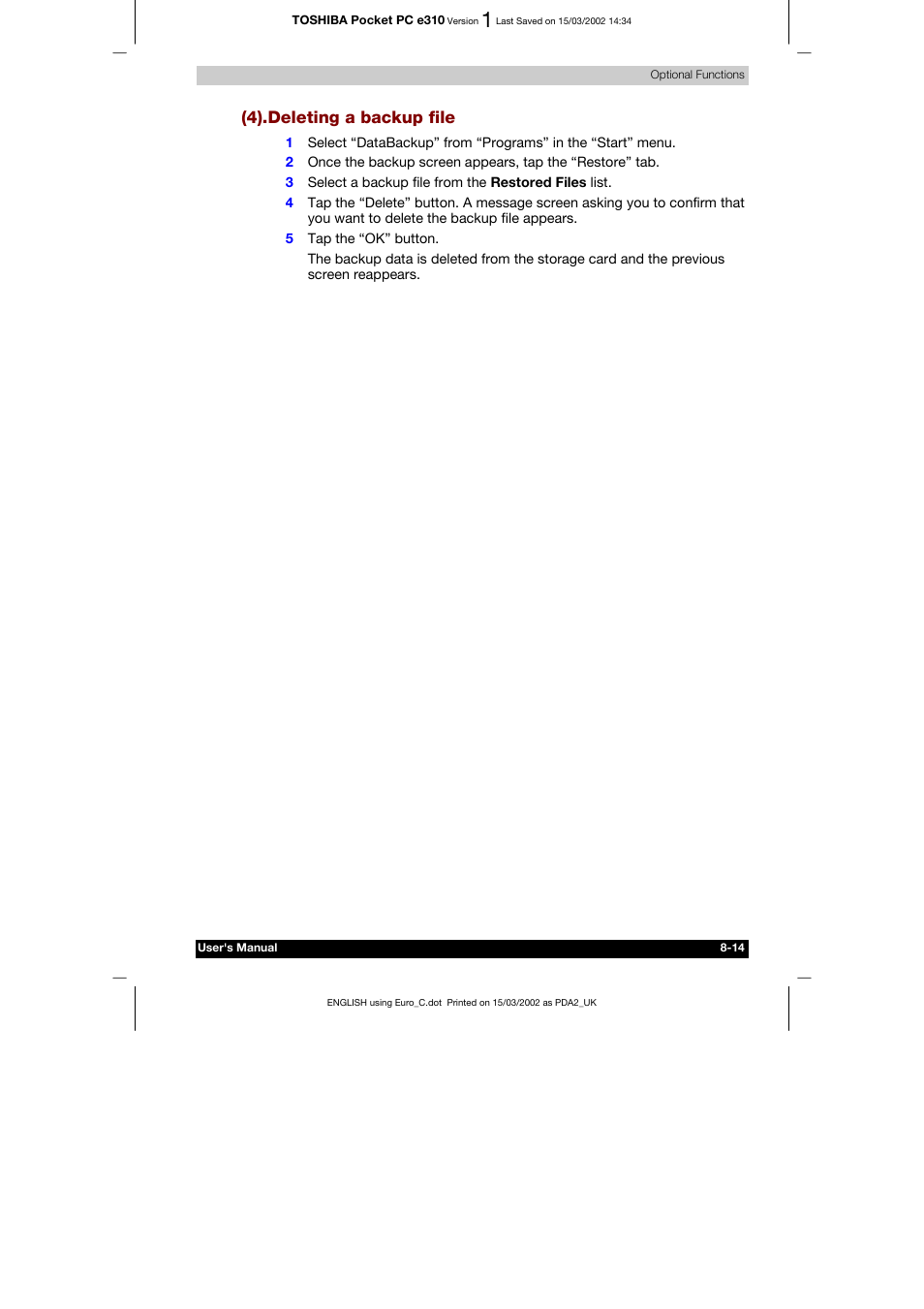 4).deleting a backup file | Toshiba Pocket PC e310 User Manual | Page 99 / 104