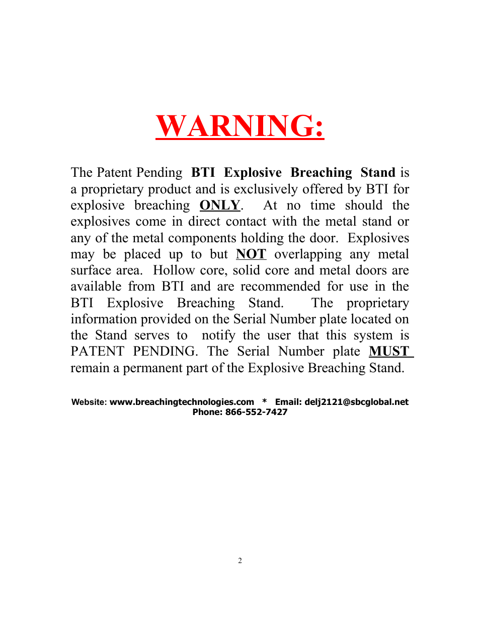 Warning | Breaching Technologies Explosive Breaching Kit User Manual | Page 2 / 19
